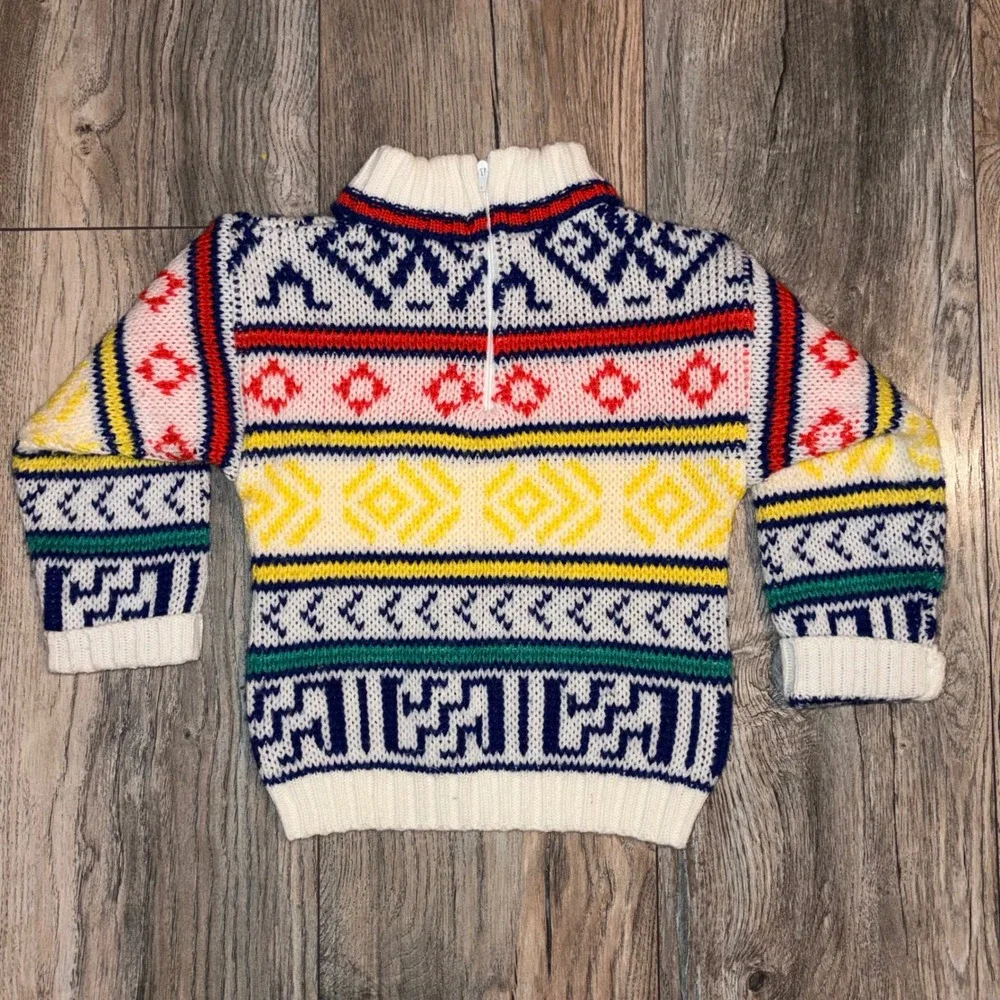 Vintage Toddler Fair Isle Geometric Knit Mock Neck Zip Back Sweater Multi-Color